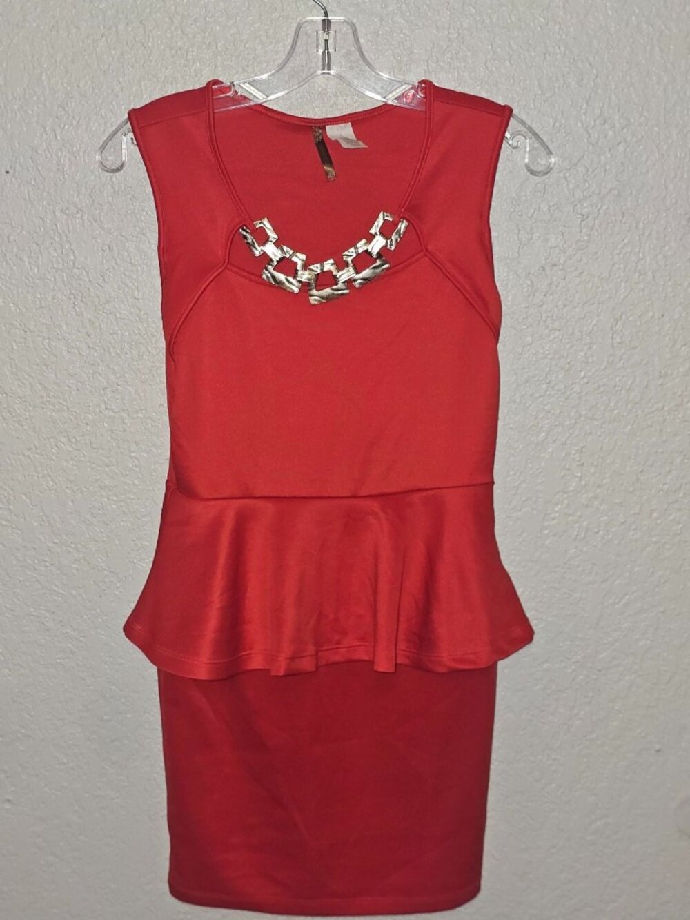 Red/Orange Peplum Dress With Gold Chain Accent Scoop Neck Sleeveless Womens Size - Picture 4 of 6